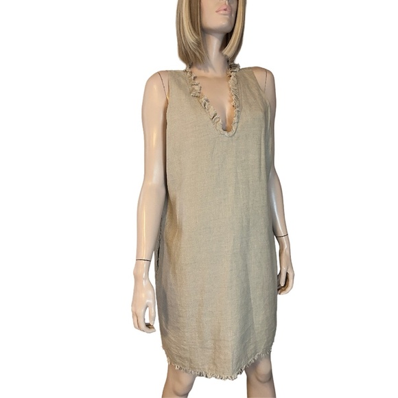 Tommy Bahama 100% Linen Shift Dress Raw Hem Fringe Detail Hip Pockets V-Neck - Picture 3 of 15